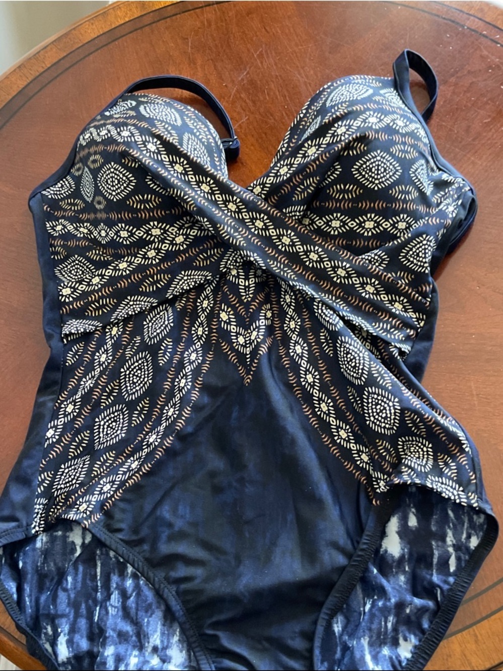 Miraclesuit Black and Navy One-Piece Swimsuit with Geometric Accent worn once